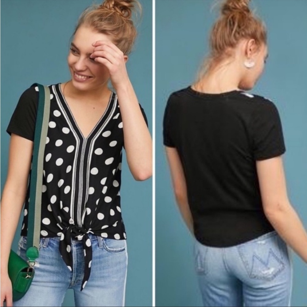 Anthro Akemi + Kin Black and White Polka Dot Tie Front Shirt Size M A2